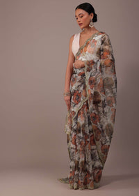 White Floral Printed Saree In Organza With Cut Dana Embroidery