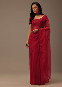Cherry Red Organza Saree With Cut Dana And Sequins Work