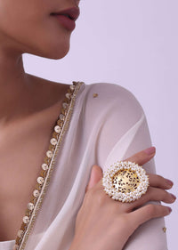 Gold Polish Ring Studded With Small Pearls In Mix Metal