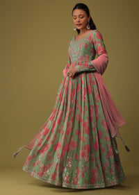 Powder Green Chinon Anarkali Set With Zari And Bead Work