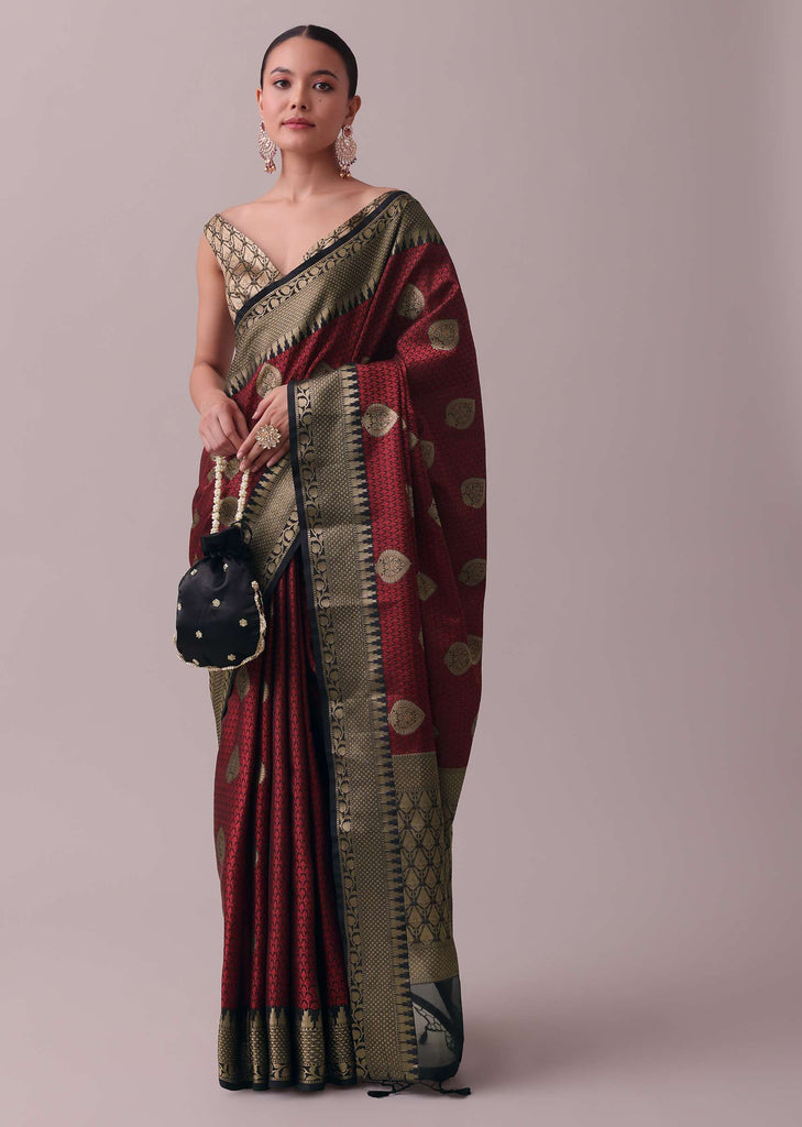 Blood Red Saree In Tanchui Kora Silk With Zari Work