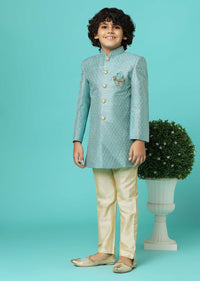 Sea Green Embroidered Sherwani Jacket And Pant Set In Silk