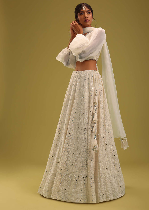 Ivory White Abala Embroidered Lehenga And Blouse Set In Georgette