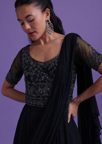 Navy Blue Cut Dana Embroidered Gown With Attached Drape In Georgette