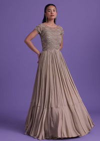 Beige Toned Gown In Chinon Embellished With Cut Dana Work