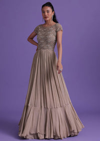 Beige Toned Gown In Chinon Embellished With Cut Dana Work