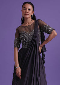 Wine Purple Gown With Attached Drape In Chinon With Cut Dana Work