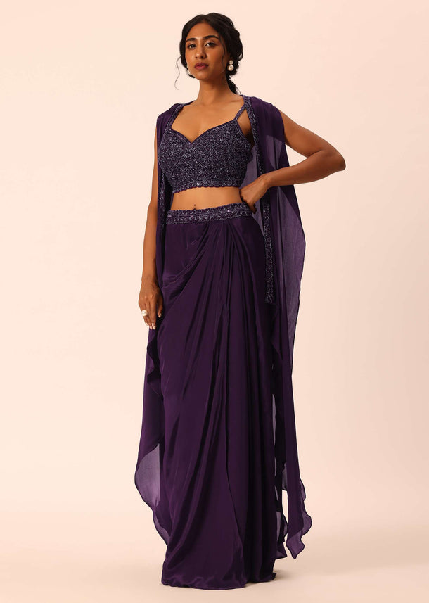 Purple Silk Jacket And Dhoti Set With Sequin Work