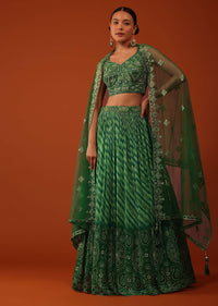 Forest Green Bandhani And Leheriya Printed Lehenga And Blouse Set In Silk