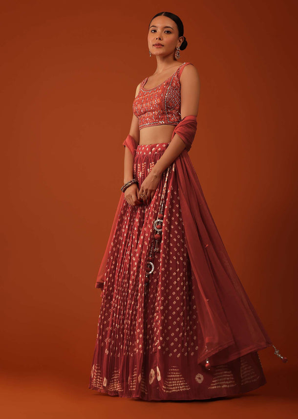 Fire Orange Bandhani Printed Lehenga And Blouse Set In Silk