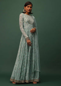 Powder Green Embroidered Anarkali In Georgette With Floral Print