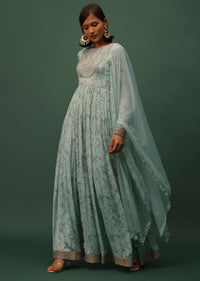 Powder Green Embroidered Anarkali In Georgette With Floral Print