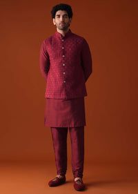 Fiery Red Textured Georgette Jacket And Silk Kurta Set