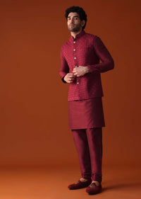 Fiery Red Textured Georgette Jacket And Silk Kurta Set