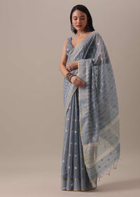 Grey Embellished Saree In Kota Silk Chanderi