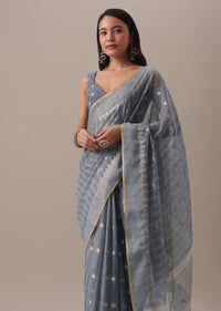 Grey Embellished Saree In Kota Silk Chanderi