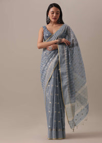 Grey Embellished Saree In Kota Silk Chanderi