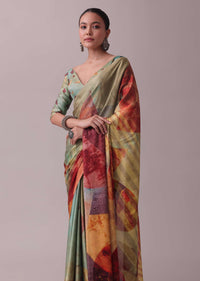 Vibrant Multicolor Saree In Satin With Abstract Print