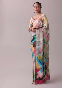 Multicolor Saree In Satin Adorned With An Abstract Print