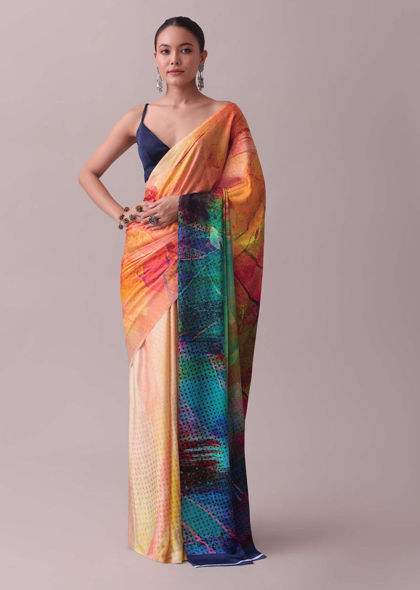 Multicolor Saree Fabricated In Satin With Abstract Print