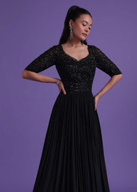 Black Gown In Chinon With Cut Dana, Beads, And Sequins Work