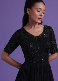 Black Georgette Gown With Cut Dana, Sequins, And Bead Work