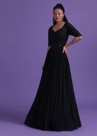 Black Gown In Chinon With Cut Dana, Beads, And Sequins Work