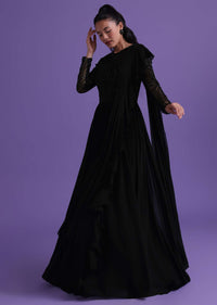 Black Georgette Gown With Attached Drape Adorned With Cut Dana Work