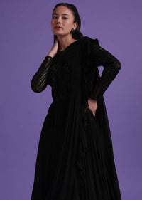 Black Georgette Gown With Attached Drape Adorned With Cut Dana Work