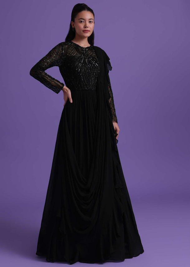 Black Georgette Gown With Attached Drape Adorned With Cut Dana Work