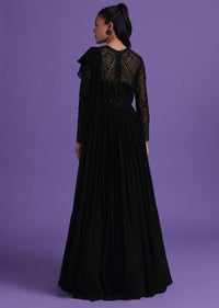 Black Georgette Gown With Attached Drape Adorned With Cut Dana Work