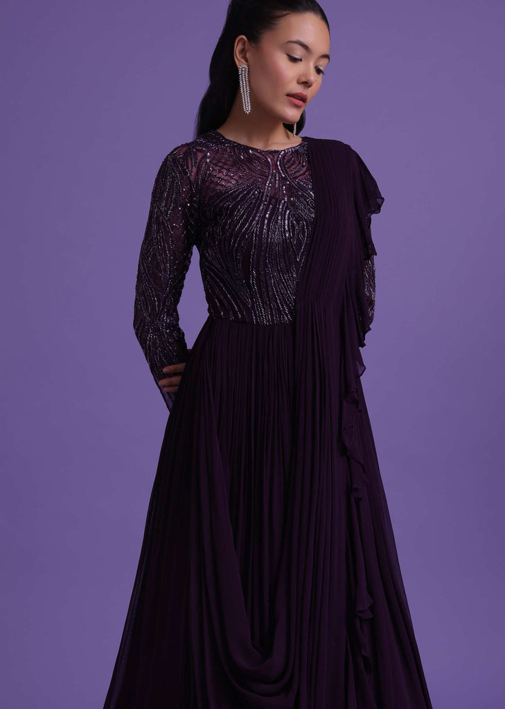 Wine Purple Cut Dana Embroidered Gown In Georgette With Attached Drape