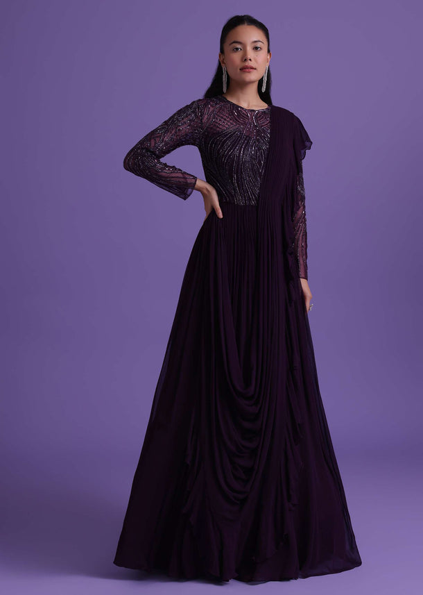 Wine Purple Cut Dana Embroidered Gown In Georgette With Attached Drape