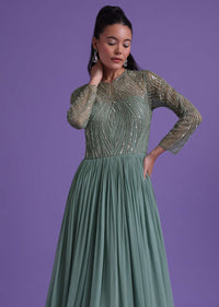 Pastel Green Gown In Georgette With Cut Dana Embroidery