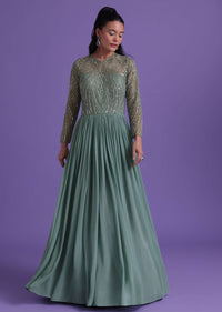 Pastel Green Gown In Georgette With Cut Dana Embroidery