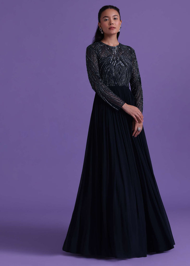 Navy Blue Gown In Georgette With Cut Dana Embroidery