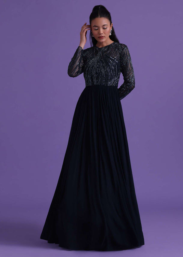 Navy Blue Gown In Georgette With Cut Dana Embroidery