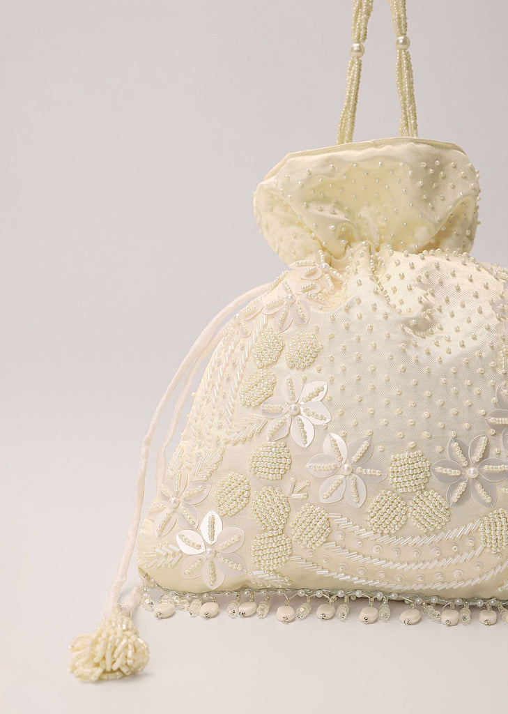 Beige White Potli Hand Embroidered In Raw Silk