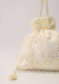 Beige White Potli Hand Embroidered In Raw Silk
