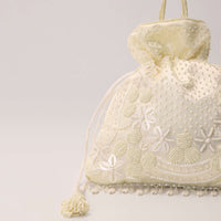 Beige White Potli Hand Embroidered In Raw Silk