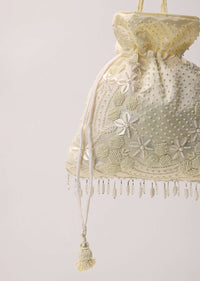 Beige White Potli Hand Embroidered In Raw Silk