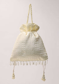 Beige White Potli Hand Embroidered In Raw Silk