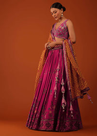 Magenta Pink Embroidered Lehenga And Blouse Set In Satin