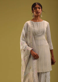 Ivory White Lucknowi Embroidered Kurti And Sharara Set In Georgette