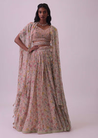 Blush Pink Embroidered Lehenga And Blouse Set In Organza
