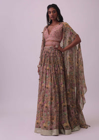 Onion Pink Floral Embroidered Silk Blouse And Organza Lehenga Set