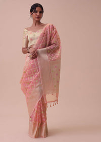 Peach Pink Kora Cotton Silk Saree With Meenakari Butti All over