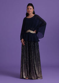 Navy Blue Peplum Top And Palazzo Set In Georgette With Sequins Work