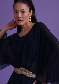 Navy Blue Peplum Top And Palazzo Set In Georgette With Sequins Work