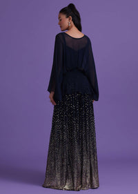 Navy Blue Peplum Top And Palazzo Set In Georgette With Sequins Work